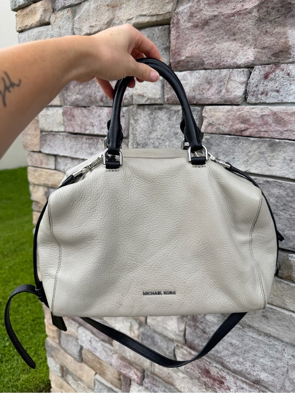 Michael Kors Cream Pebbled Leather Satchel with Black Handles